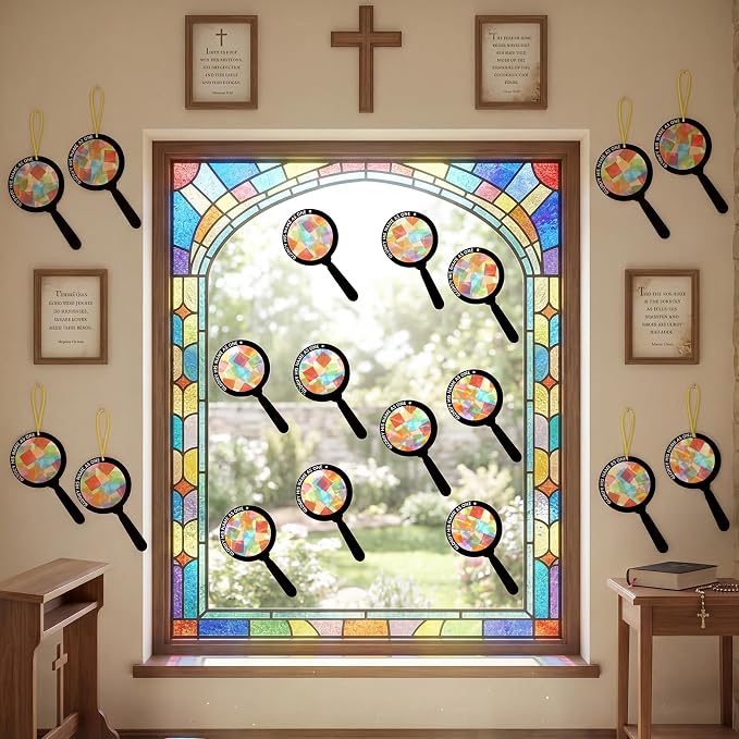 Renbuzhu 48PCS Sunday School VBS Crafts Bulk: Paper Magnifying Glass Nativity Suncatchers, Jesus Religious Christian Activity DIY Kits Church Decorations, Window Stained Glass Effect Art Supplies