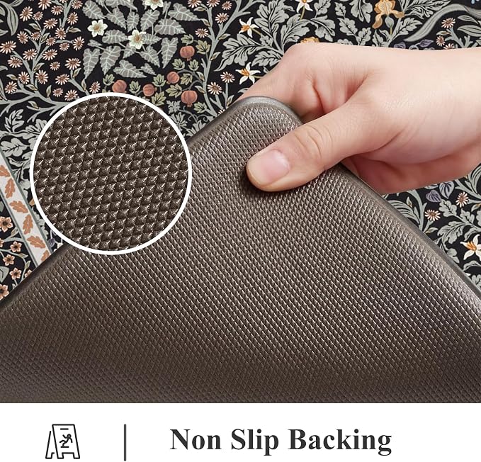Collive Kitchen Mats for Floor, Cushioned Anti Fatigue Mat Floral Rugs 2 Piece Non Skid Waterproof Sink Rug, Memory Foam Comfort Standing Mat for Office, Laundry, Desk, Black/Mulit