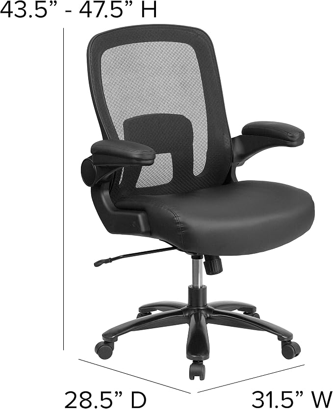 Flash Furniture Big & Tall Swivel Office and Gaming Chair with LeatherSoft Seat, Mesh Office Chair with Flip-Up Armrests and Adjustable Height, Black | Ergonomic, Adjustable Lumbar, Mesh Back, 500 LBS. Weight Capacity, LeatherSoft Upholstery, Flip-Up P...