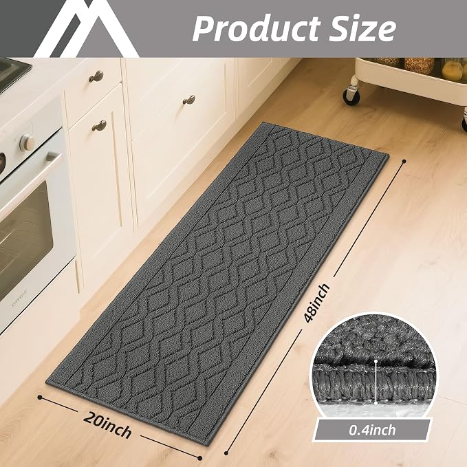 COSY HOMEER-Kitchen-Rugs-and-Mats 20"x48" Non Slip Kitchen Mats for Floor Absorbent Washable Kitchen Runner Standing Floor Mat for Sink Mat,Entry,Laundry,Polypropylene,Grey