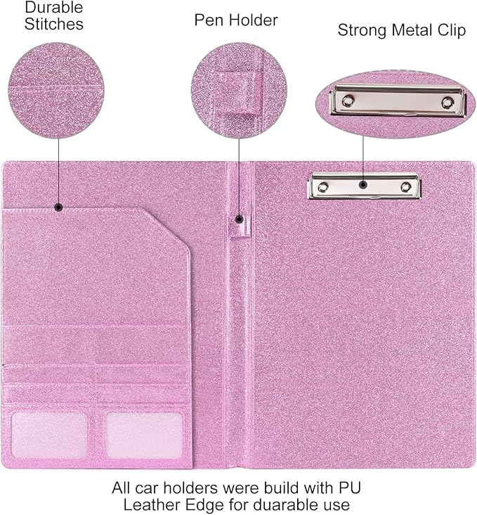 Cacturism Padfolio Portfolio Folder, Foldable Letter Size Clipboard Legal Pad, Bling PU Leather Professional Folio Organizer for Women - Resume Business Document Holder for Job Work Office, Pink