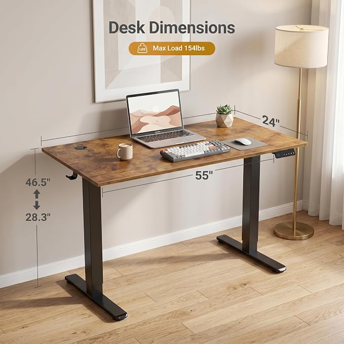 Claiks Electric Standing Desk 55x24 Inch Adjustable Desk, Rustic Brown | 156lbs weight capacity, 3 memory presets, industrial steel frame, cable management hub, adjustable height , easy assembly