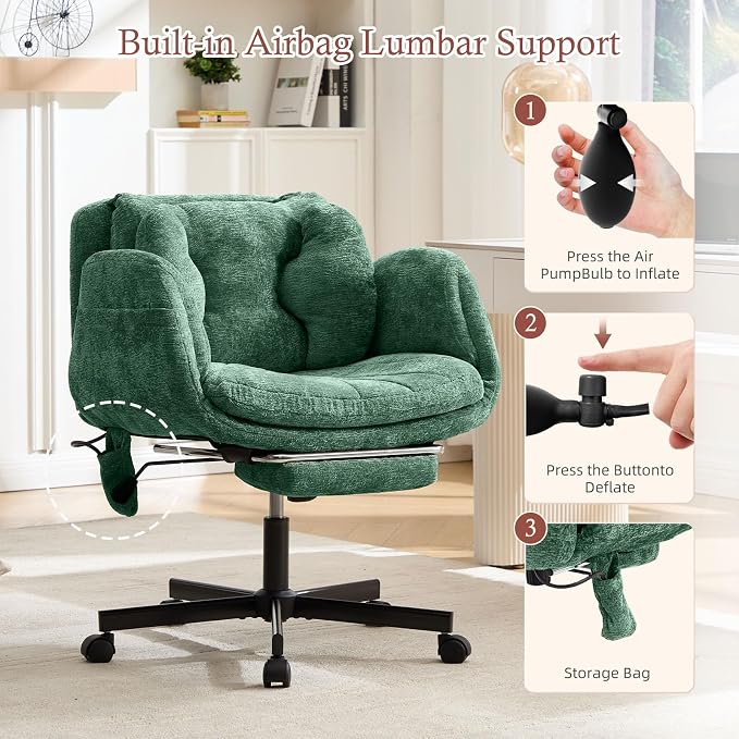 Criss Cross Office Chair with Footrest and 5-Gear Adjustable Arms, Green | Wide seat cross-legged desk chair, flip lumbar pillow, airbag support, chenille fabric, for home office vanity and meditation