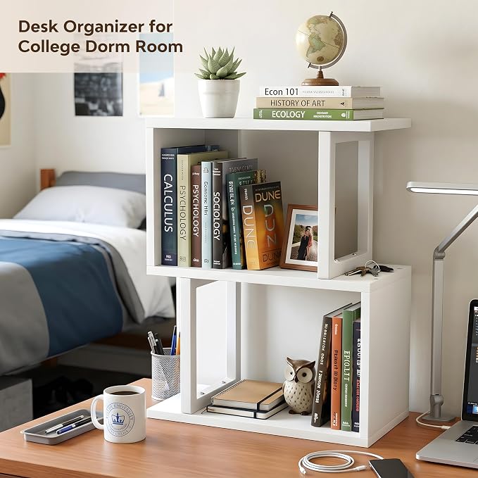 Desk Shelf Organizer, Small Desktop Bookshelf Wood, White | Dorm Desk Hutch, 3-Tier, Desktop Organizer Shelf Storage Unit, for Home, Dorm, Office