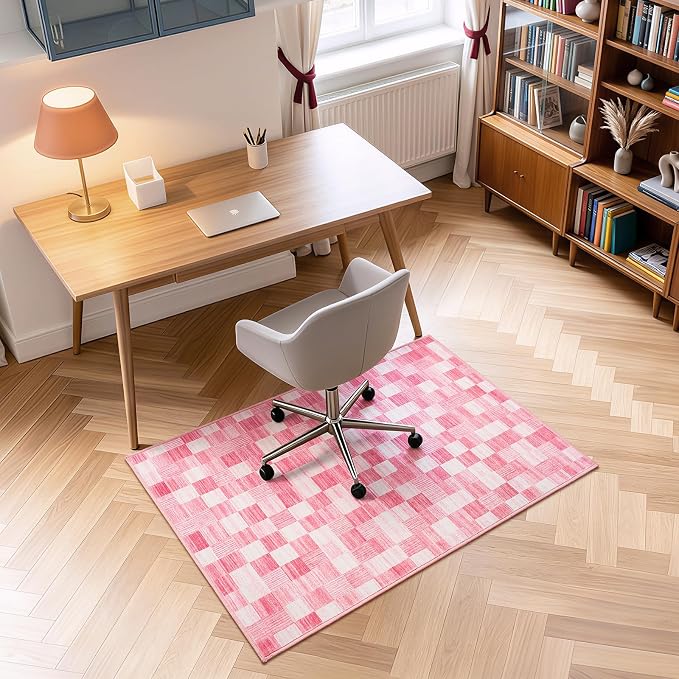 Terrug Pink Checkered Rug for Entryway, 2x3 Small Area Rugs Washable with Non Slip for Kitchen, Soft Low Pile Abstract Carpet for Home Office Front Door Porch
