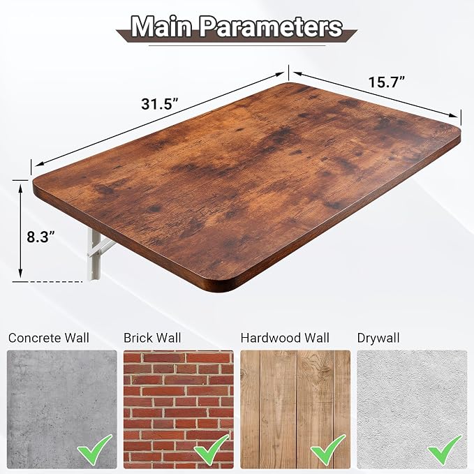 Neoaider Wall Mounted Folding Table 31.5”L x 15.7”W, Laundry Folding Table with Heavy Duty Metal Collapsible Shelf Brackets, Wall Mounted Desk Fold Down for Small Spaces, Brown