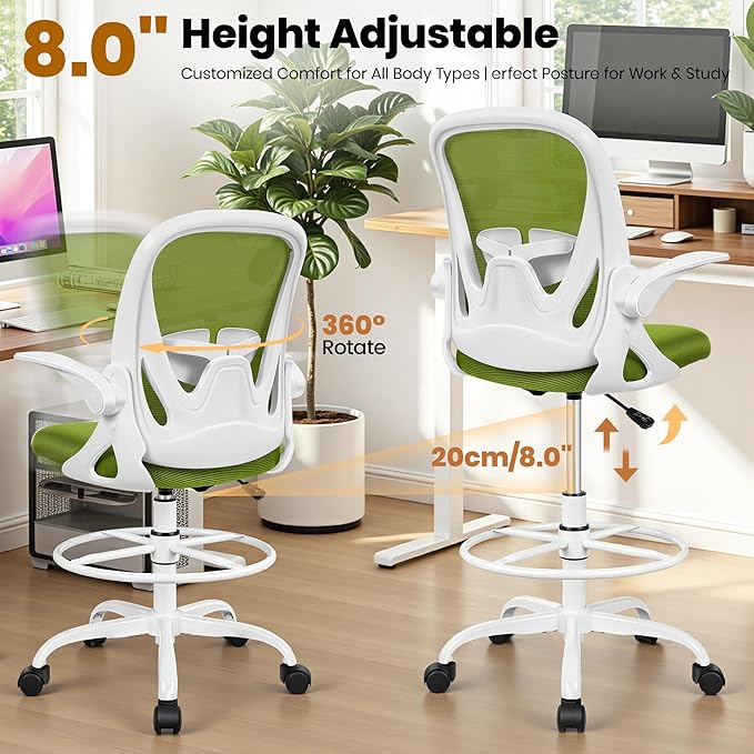 Primy Drafting Chair Tall Office Chair with Flip-up Armrests Executive Ergonomic Computer Standing Desk Chair with Lumbar Support and Adjustable Footrest Ring (AvocadoGreen)