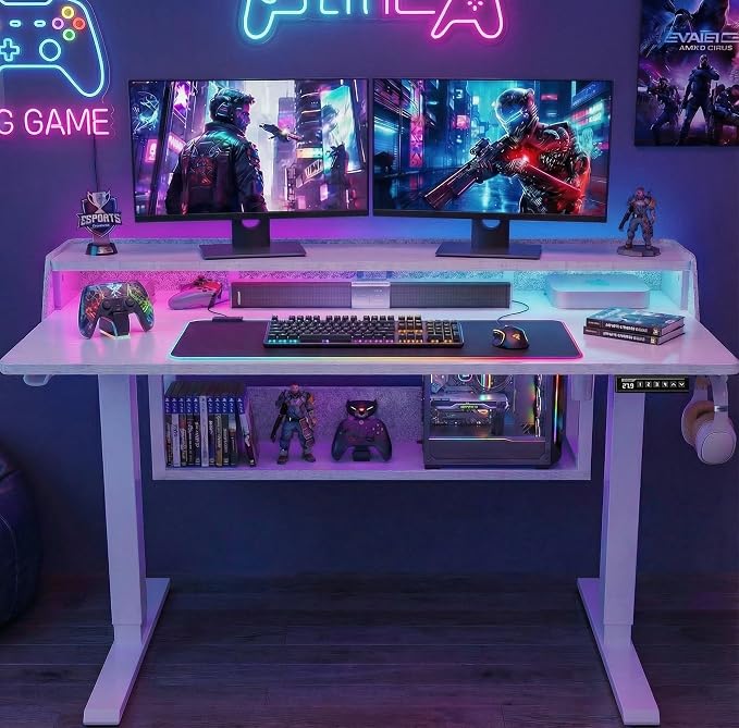 ErGear Electric Standing Desk, 48x24 Inch Adjustable Sit Stand Desk with Bookshelf & Monitor Stand, Standing Gaming Desk with LED Light Strip, Stand Up Desk for Home Office, White | Raised Monitor Stand, 27.9–46.9 Inch Height Range, 4 Memory Presets, 1...