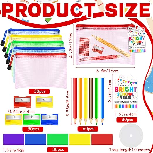 181 Pcs Back to School Gift Include 60 Colorful Pencils 30 Eraser 30 Mesh Zipper Pouch Bags and 30 Pencil Sharpener 30 Sheets Cards Set with Ribbon Stationery Favors for Classroom Exchange Gift