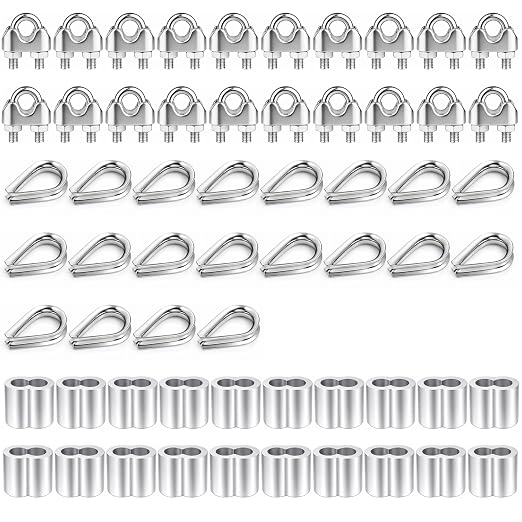 60Pcs 1/8 inch Stainless Steel M3 Wire Rope Cable Clamp,M3 Stainless Steel Thimble, M3 Aluminum Crimping Loop Sleeve for Various Commercial and Industrial(20PCS Each Item)