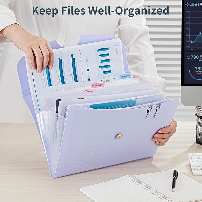 JARLINK 7 Pockets Expanding File Folder, A4 Size Accordion File Folders with 12 Labels, Cute Paper Organizer, Portable Document Organizer for Home College School Office Supplies, Macaron Purple