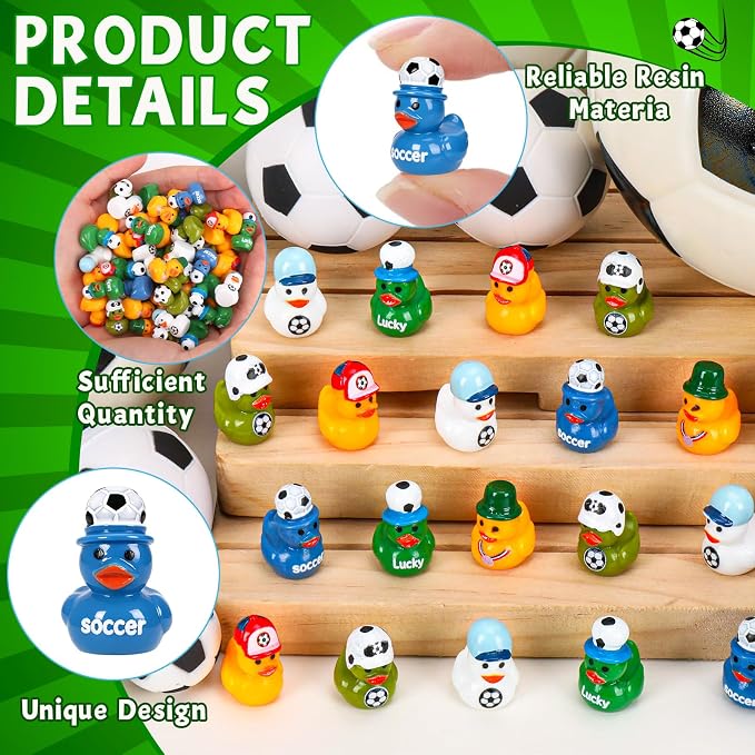 120 Soccer Mini Resin Ducks 6 Styles Bulk Miniature Football Duck Figurines for Soccer Party Favors Team Gifts Goodie Bags Stuffers Tabletop Dollhouse Cake Fairy Garden Micro Landscape Decor
