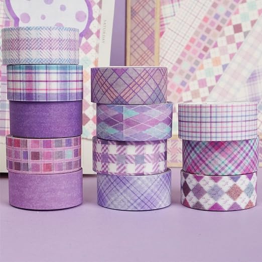 Basic Grid Washi Tape Set 12 Rolls Plaid Decorative Masking Tapes for Arts, DIY Crafts, Journals, Planners, Scrapbook, Wrapping (Purple)