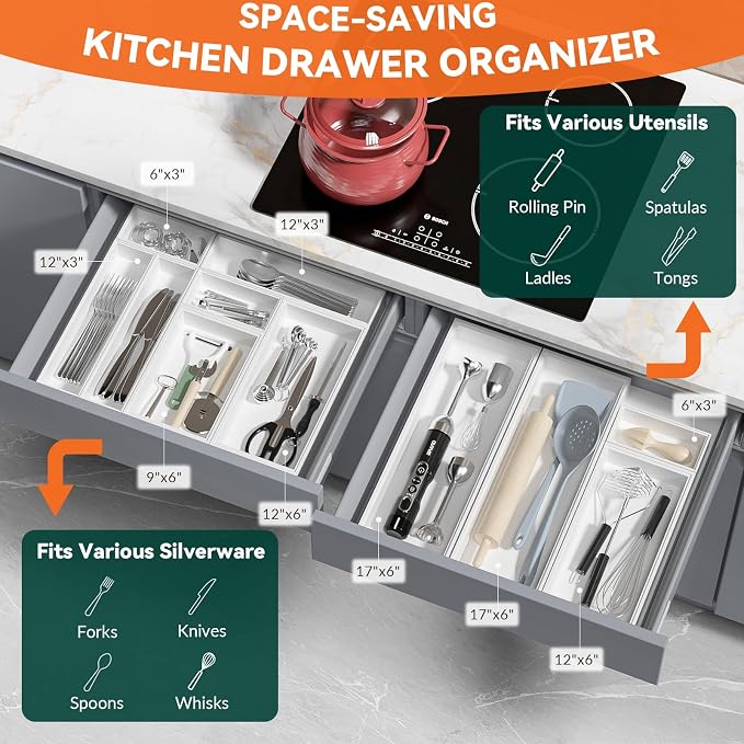 Lixple Bamboo Drawer Organizer, Cutlery Silverware Organizer for Kitchen Drawer, Stackable Utensil Organizer, 2 Pcs Flatware Organizer, Wooden Storage Box Tray (White, 9 X 6 X 2 Inch)