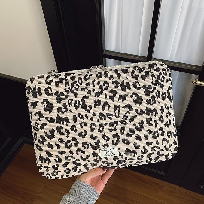 Leopard Print Laptop Case 11, 13,15 Inch Quilted Laptop Sleeve Soft Protective Cheetah Computer Sleeve for MacBook (Beige, with Strap, 15 Inch)