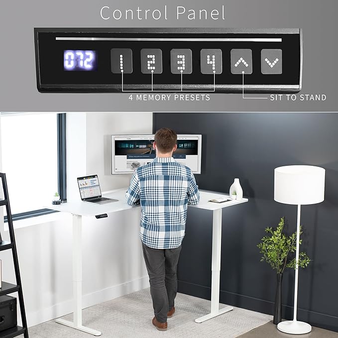 VIVO Corner Standing Desk, 63 x 47 inch Reversible L-Shaped Workstation, Electric Height Adjustment, Home, Office, and Reception Rooms, White Table Top White Frame, DESK-E3CTW-47