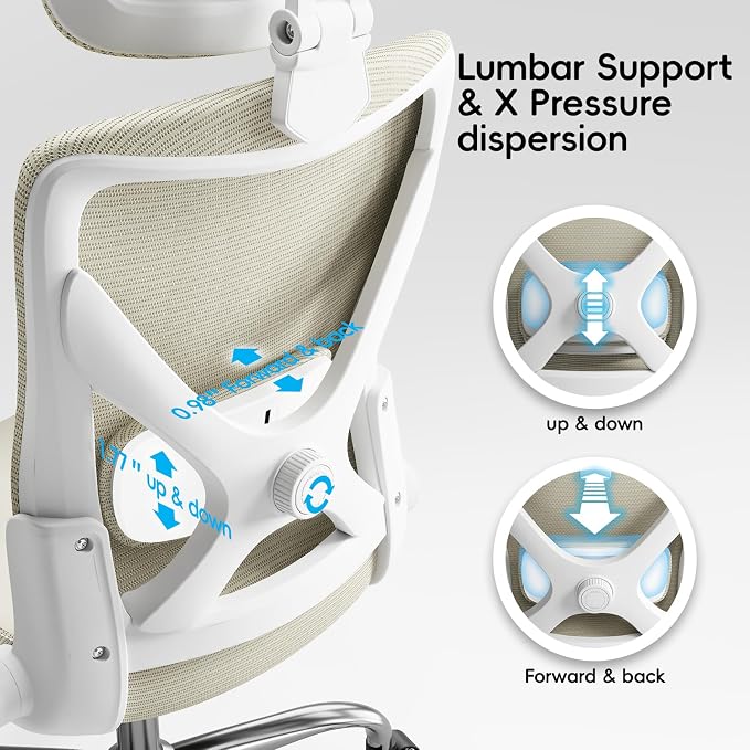 Ergalithic Office Home Ergonomic Desk Chair-Computer X-Shaped Chair Mesh PU Leather with Adjustable Lumbar Support-Executive Chair High Back with Headrest Flip-Up Arms for Long Hours (Beige)