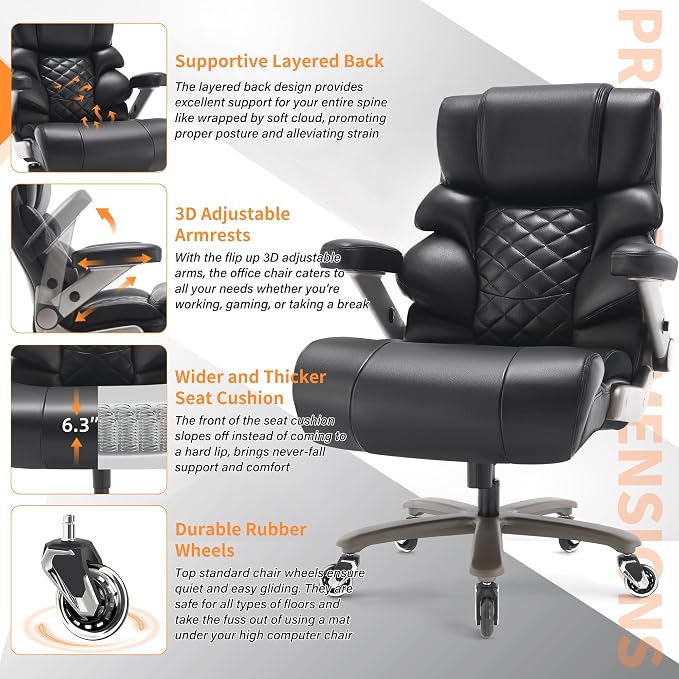 VUZI 700lbs Big and Tall Office Chair, Large Executive Leather Desk Chair | Adjustable Lumbar Support for Back Pain, Plus Size Wheels, 3D Flip Arms, Heavy Duty Metal Base, Wide Seat Computer Chair