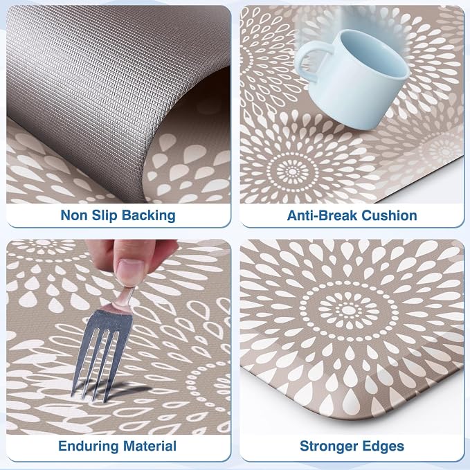 LuxStep Kitchen Mats for Floor,0.47 inch Thicker Cushioned Rug Anti-Fatigue Mats for Kitchen Decor Accessories,Waterproof Non-Slip Mats and Rugs Set for Office,Laundry 17.3"×29"+17.3"×47",Khaki