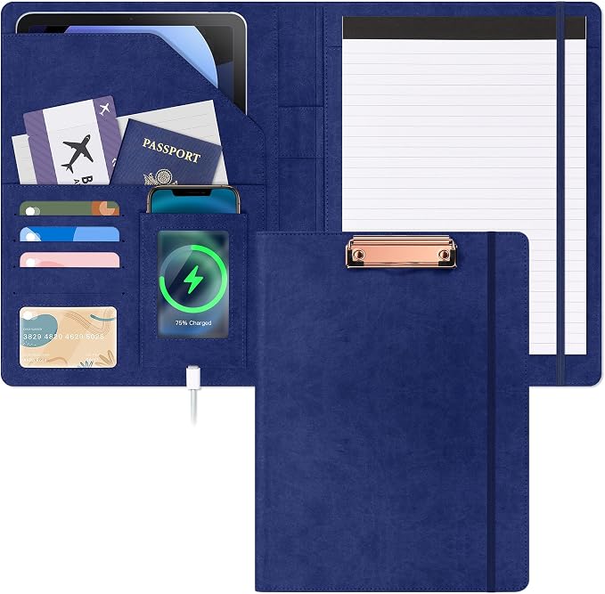 Ospelelf Blue Faux Leather Padfolio with Clipboard, Interview Clipfolio Portfolio with Notepad 8.5 x 11, Business Resume Clipboard Folder Organizer with Pockets for Men