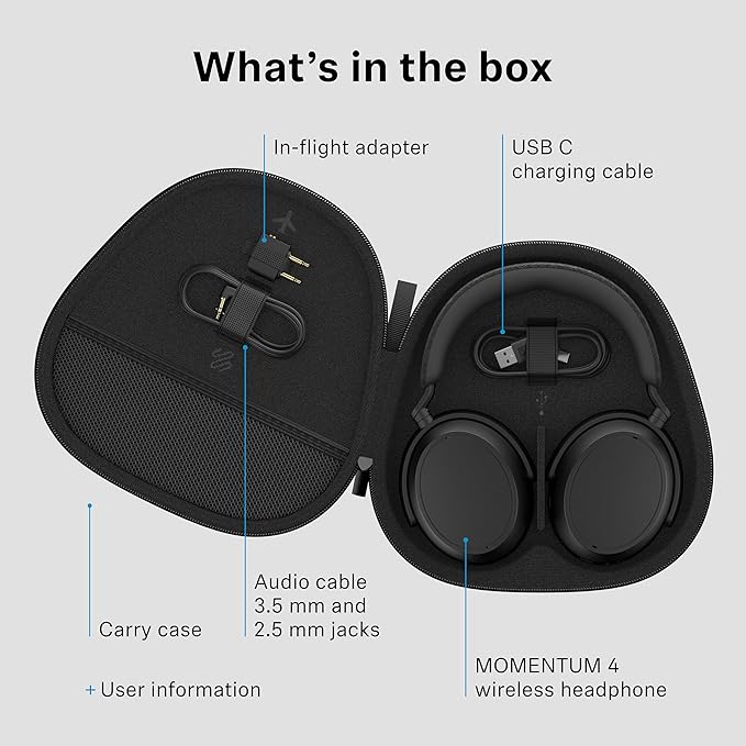Sennheiser Momentum 4 Wireless Noise Cancelling Headphones - Bluetooth Headset for Crystal-Clear Calls with Adaptive Noise Cancellation, Over-Ear Headphones, 60h Battery Life, Folding Design, Black