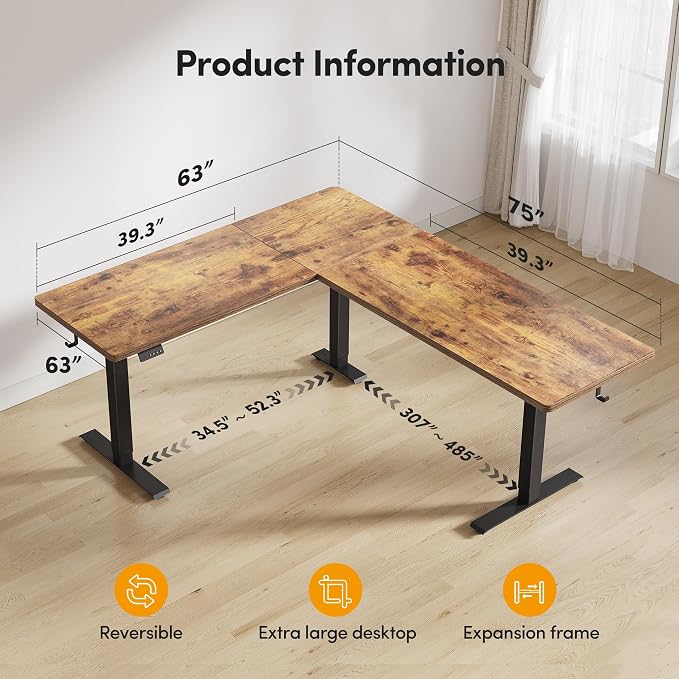 CubiCubi L Shaped Standing Desk 75 x 63 Inch Adjustable Height, Electric Corner Desk, Sit Stand Home Office Desk with Splice Board, Rustic Brown（2 Packages