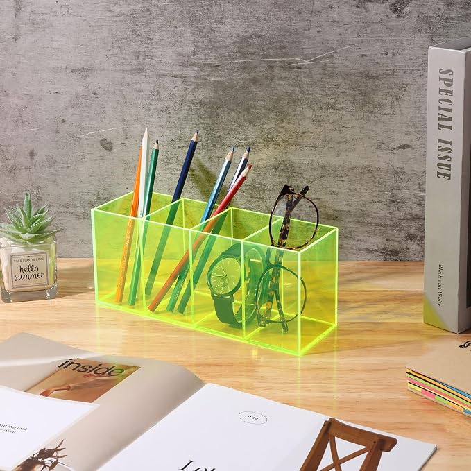 Pen Holder for Desk Neon Acrylic Pencil Holder Cup Makeup Brush Storage Organizer for Vanity, Neon Green
