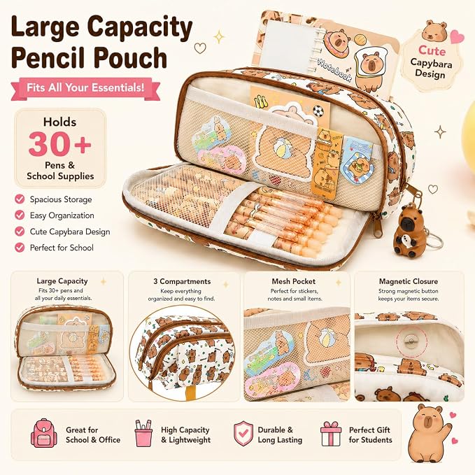 Cute Capybara Stationery Gift Set for Kids,30 Piece Animal Theme School Supplies Kit with Pencil Case,Notebook & Stickers,Practical and Fun for Birthday,Easter& Festivals Gift Girls Boys