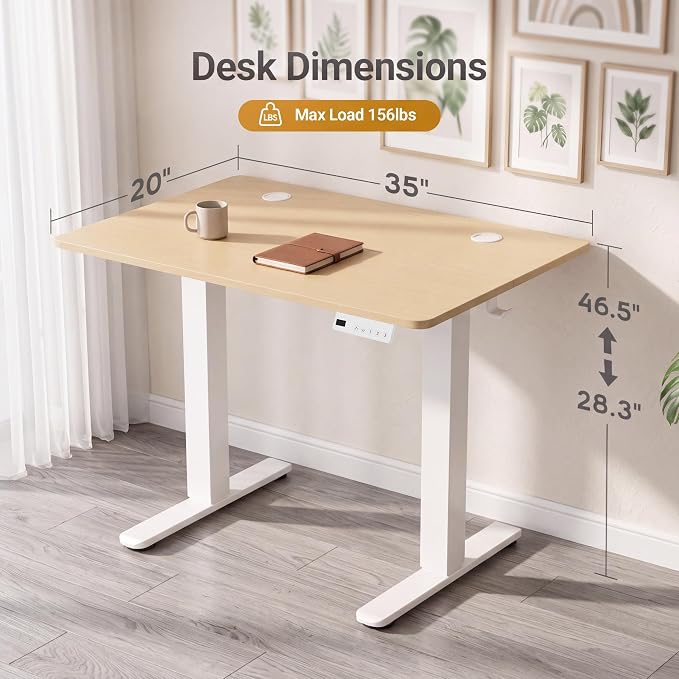 Claiks Electric Small Standing Desk, 35x20 Inch, Nature | Adjustable height for sit-stand, 156lbs capacity, scratch-resistant surface, 3 memory presets, cable management & hook.