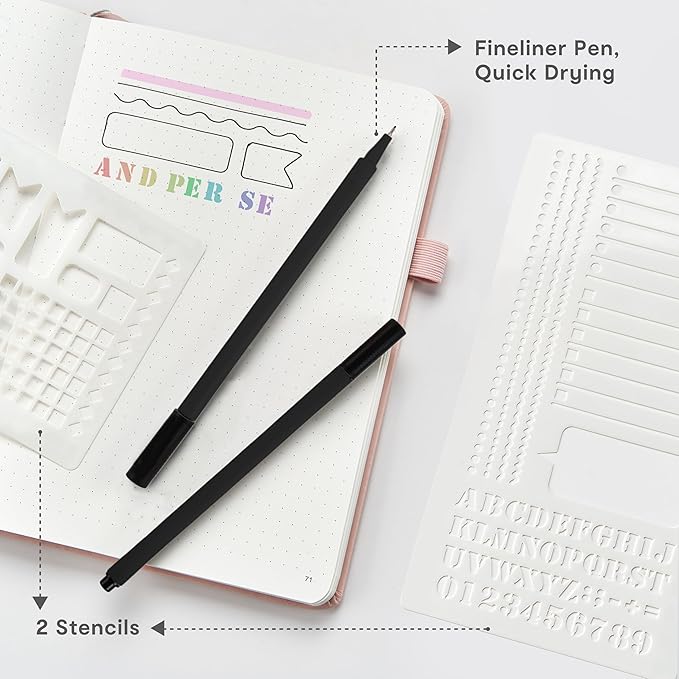 &And Per Se 3 Pack A5 Dotted Notebook Set - Each with 176 Numbered Pages, 100GSM Thick Paper, Stencil & Pen Included | Hardcover Dotted Journal for Bulk Use, Students, Teachers, Gift Giving (Black)