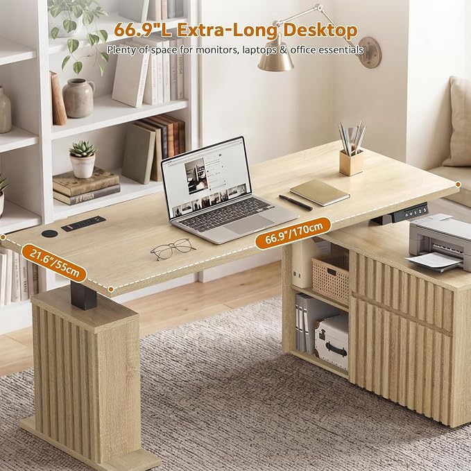 67" L Shaped Standing Desk with Drawers, Electric Height Adjustable Corner Desk, Sit Stand Office Desk with 4 AC Outlets & Type C Port, Executive Computer Desk with Cabinet, Natural