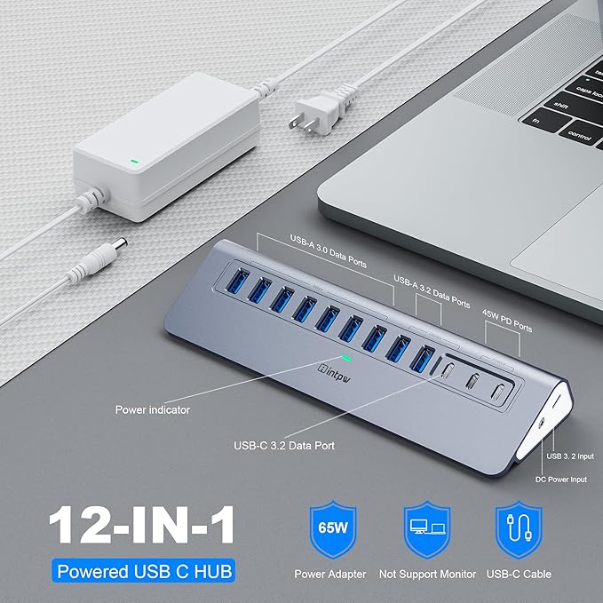 YH9AC Powered USB Hub 10Gbps, intpw 12-Port USB Splitter with USB A/USB C 3.2, 4 USB 3.0, 2 PD 45W Charging Ports, 65W Power Adapter + 3.3FT Cable, Aluminum USB Extender Hub for Laptop/PC/iPhone 16/15