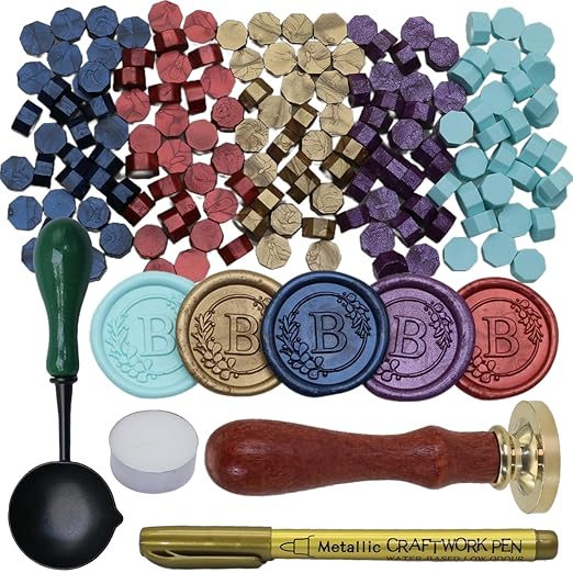 Initial Alphabet Wax Seal Stamp Set, Retro Letter B Sealing Stamp with 150Pcs Sealing Wax Beads in 5 Color, Melt Non Stick Spoon Pen Kit for Wedding and Christmas (B)