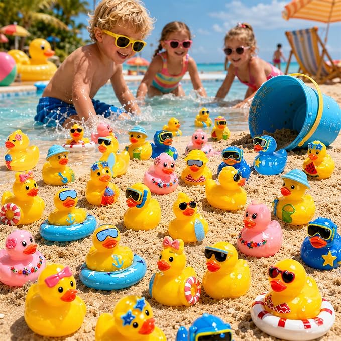 200 Pcs Summer Mini Resin Ducks 10 Styles Hawaii Beach Tiny Cruise Ducks to Hide Miniature Duck Figurines for Summer Swimming Pool Party Cruise Ship Game DIY Craft Cake Aquarium Desktop Decor