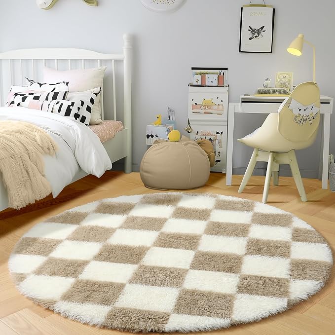 KICMOR Round Rugs for Bedroom, 4ft Fluffy Soft Circle Area Rug Beige and Cream White Checkered Shag Shaggy Carpet Small Living Room Circular Rug for Kids Boys Girls Dorm Nursery Home Decor Aesthetic