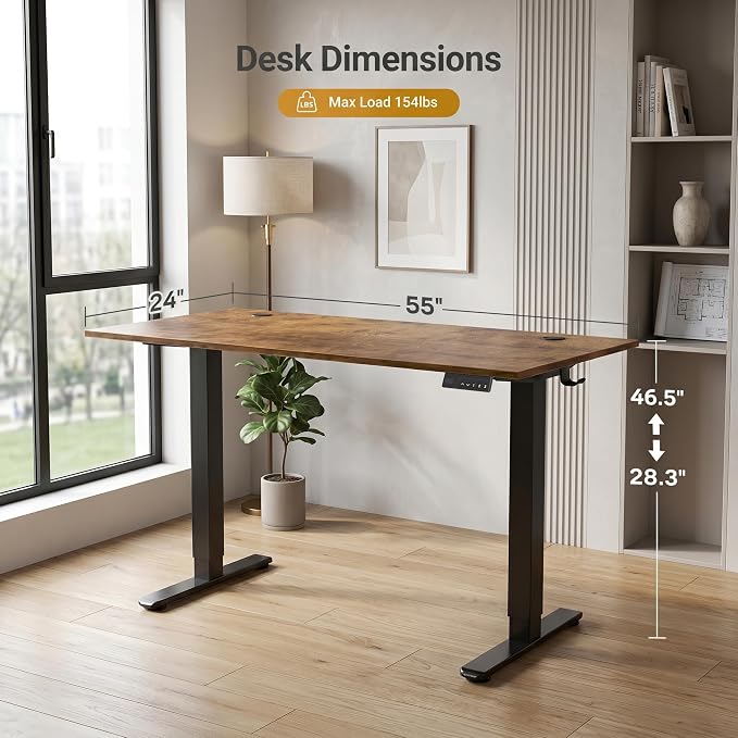Claiks Electric Standing Desk, 55x24 Inch, Rustic Brown | Adjustable height for sit-stand, 156lbs capacity, scratch-resistant surface, 3 memory presets, cable management & hook.