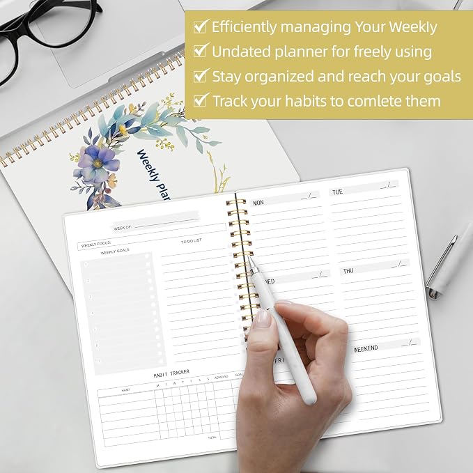 Undated Weekly Planner, Weekly To Do List Notebook with Goal & Habit Tracker Organizer, A5 5.8" x 8.0" Weekly Planner Notebook with Spiral Binding for Men or Women