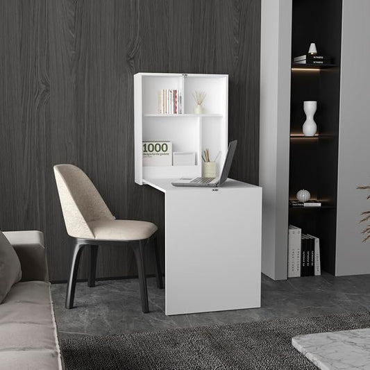 Wall Mounted Folding Desk with 4 Shelves, 33x23 Inch Fold Out Floating Murphy Table, Space Saving Convertible Wall Desk for Home Office, Laundry, Craft, Study, Small Spaces, White