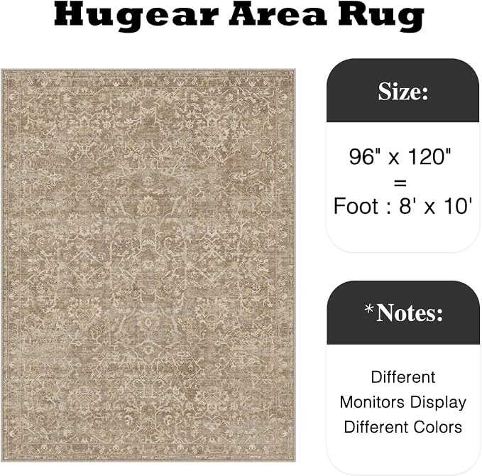 HUGEAR Area Rug 8x10 Light Brown Machine Washable Living Room Rugs Distressed Vintage Floral Vacuumable Low Pile Carpet Bedroom Office Dining Room Laundry Room Non Slip Soft Lightweight