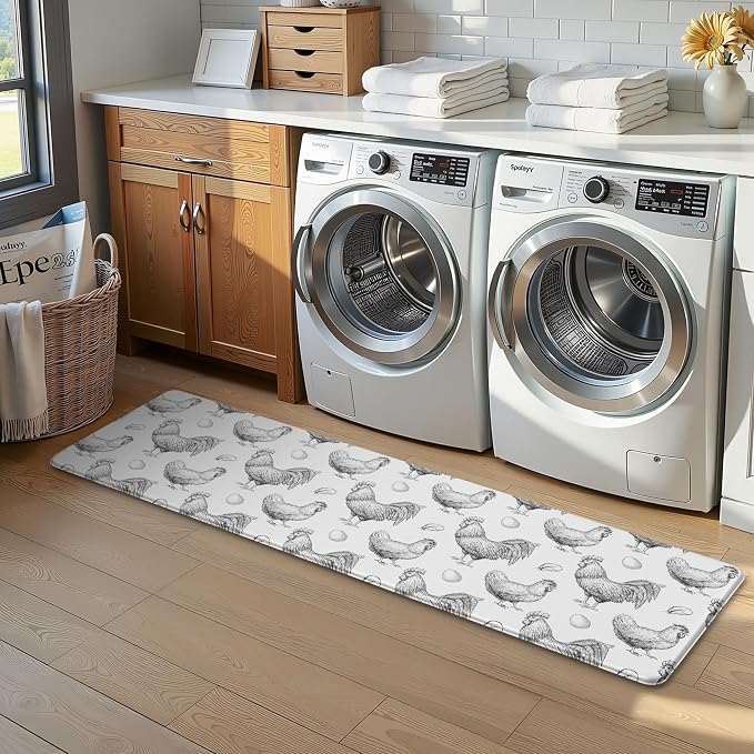 Farmhouse Chicken Kitchen Decor Mat, Extra Long Anti Fatigue Mat | Extra Long Coverage,Farmhouse Chicken Pattern,Cushioned Comfort,Non-Slip Backing,Waterproof Surface,Easy Clean,Kitchen Island