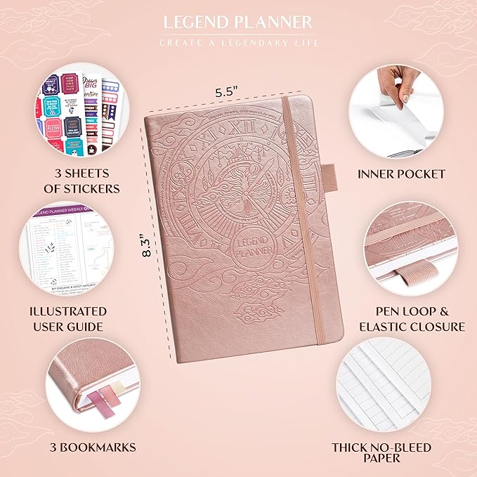 Legend Undated Weekly Planner – Goal Planner Journal & Organizer Notebook – Agenda Book with Monthly Calendar & To-Do List, A5 (Rose Gold)