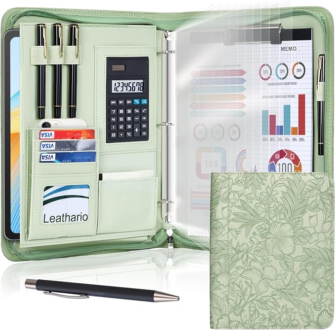 Leathario Portfolio Binder, Includes 5 Sheet Protectors and a Pen, 13 Inch Tablets Organizer, Vegan Leather A4 Padfolio, Multi-Pocket Notepad Business Planner Professional Document