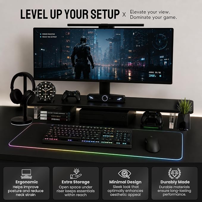 Bamboo Monitor Riser, Wide Desktop Monitor Stand for Desk with Clear Acrylic Legs, 31.5 x 8 inch Bamboo Wood Shelf, Fit Keyboard, Home Office Workspace Accessories,Study Stationaries Storage (Black)
