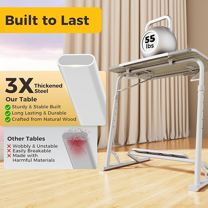 FoldWise Upgraded Folding TV Tray Table - Extra Large & Sturdy Laptop Table for Couch, Height & Angle Adjustable Desk for Dinner, Work & TV - Includes Footrest, Cup Holder, iPad Holder & Edge Stopper