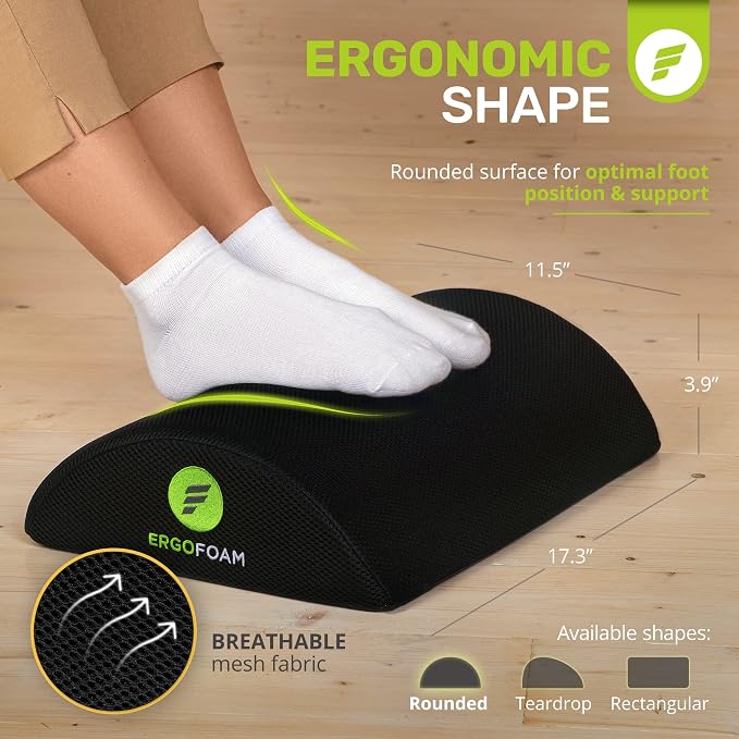 ErgoFoam Foot Rest for Under Desk at Work - Premium Under Desk Footrest - Desk Foot Rest for Lumbar, Back, Knee Pain - Ergonomic Foot Stool Under Desk (Black, Mesh)