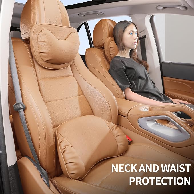 Memory Foam Lumbar Support Pillow for Car, Palomino Brown, 1 Pack | Leather Lumbar Pillow for Lower Back Pain Relief - Back Cushion for Driving - Chair Support for Office Chair, Gaming Chair