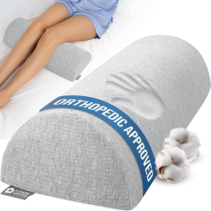5 STARS UNITED Knee Pillow for Back Sleeping – Half Moon Bolster Pillow for Legs, Under Knee Pillow for Sleeping on Back, Memory Foam Leg Pillow for Back Pain, Natural Gray