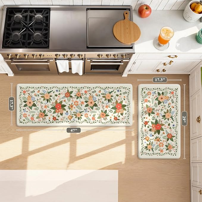 KIMODE Kitchen Mats for Floor Anti Fatigue, White Floral Rugs for Decor | Carpet for Kitchen Floor,Padded Kitchen Floor Mats,Cushioned Kitchen Mats for Floor 2 Piece for Laundry Sink 17"x47"+17"x29"