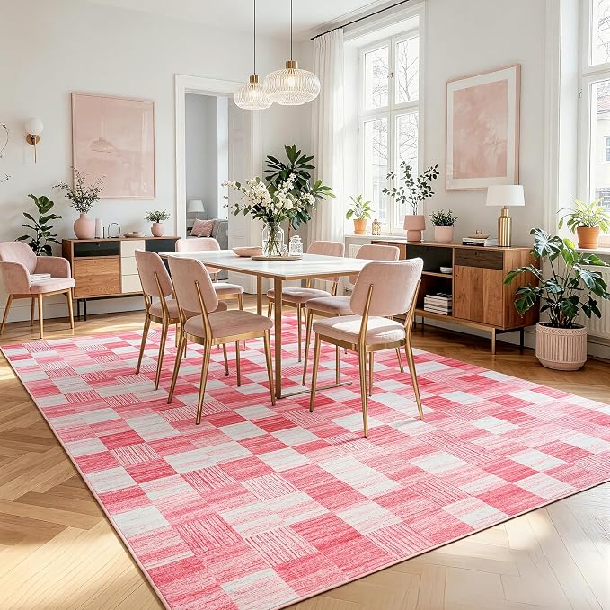 Terrug Pink Checkered Rug for Living Room, 5x7 Area Rugs Washable with Non Slip for Bedroom, Soft Low Pile Stain Resistance Abstract Carpet for Dinning Room