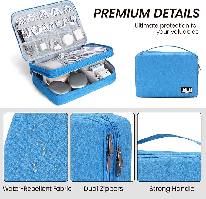Large Electronic Organizer Travel Case, Double Layer Tech Accessories Bag with 3 DIY Adjustable Dividers, Waterproof Padded Cable Storage Pouch for Camera Gear, Power Bank, Hard Drive, Mouse
